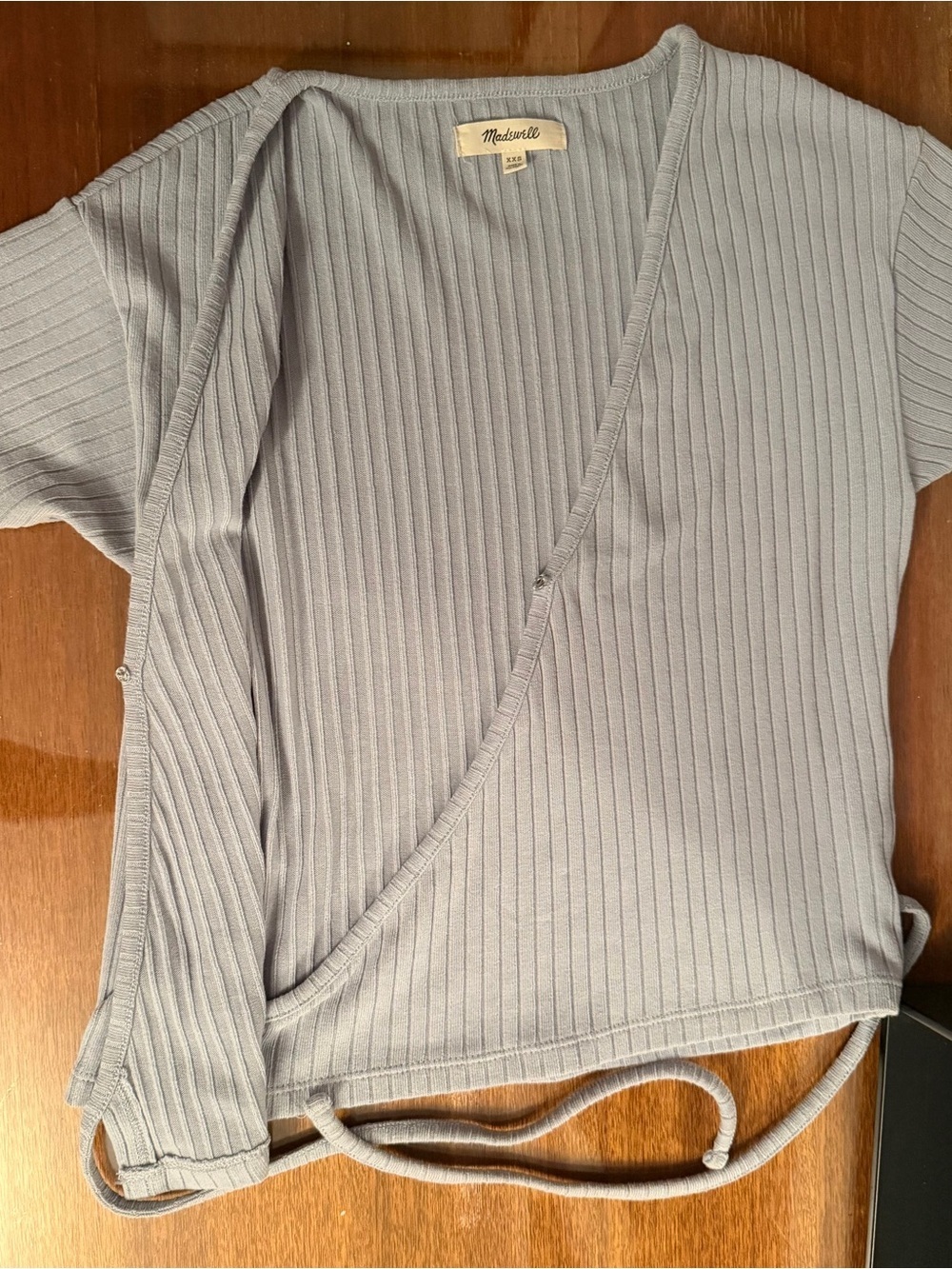 Madewell SZ XXS Pale Blue Ribbed Faux Wrap Crop Top - Picture 6 of 13
